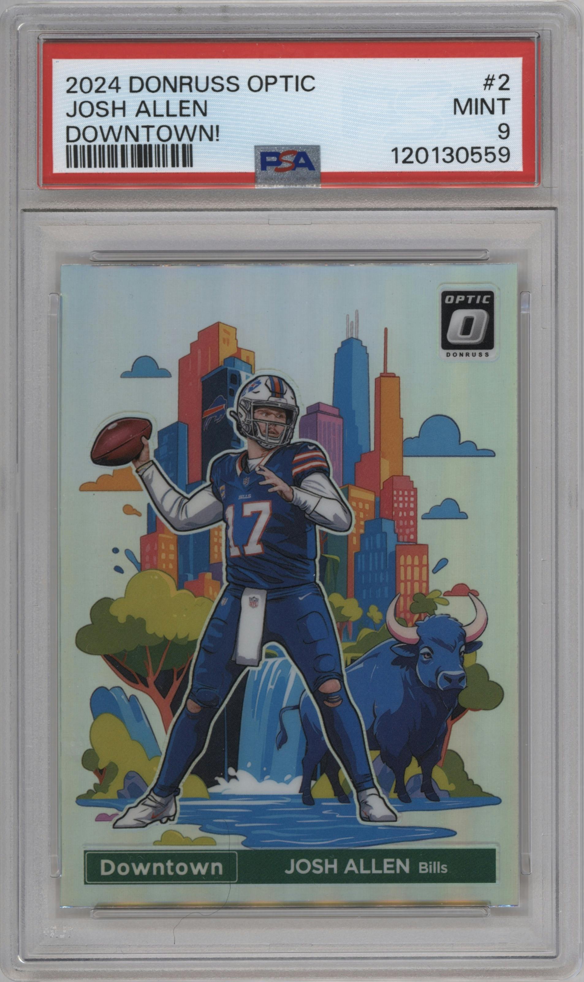 Josh Allen from the 2024 Donruss Optic set graded by PSA and given an overall grade of 9.