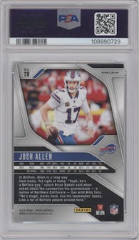 Josh Allen from the 2024 Panini Prizm set featuring a Red White Blue Prizm parallel graded by PSA and given an overall grade of 10.
