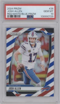 Josh Allen from the 2024 Panini Prizm set featuring a Red White Blue Prizm parallel graded by PSA and given an overall grade of 10.