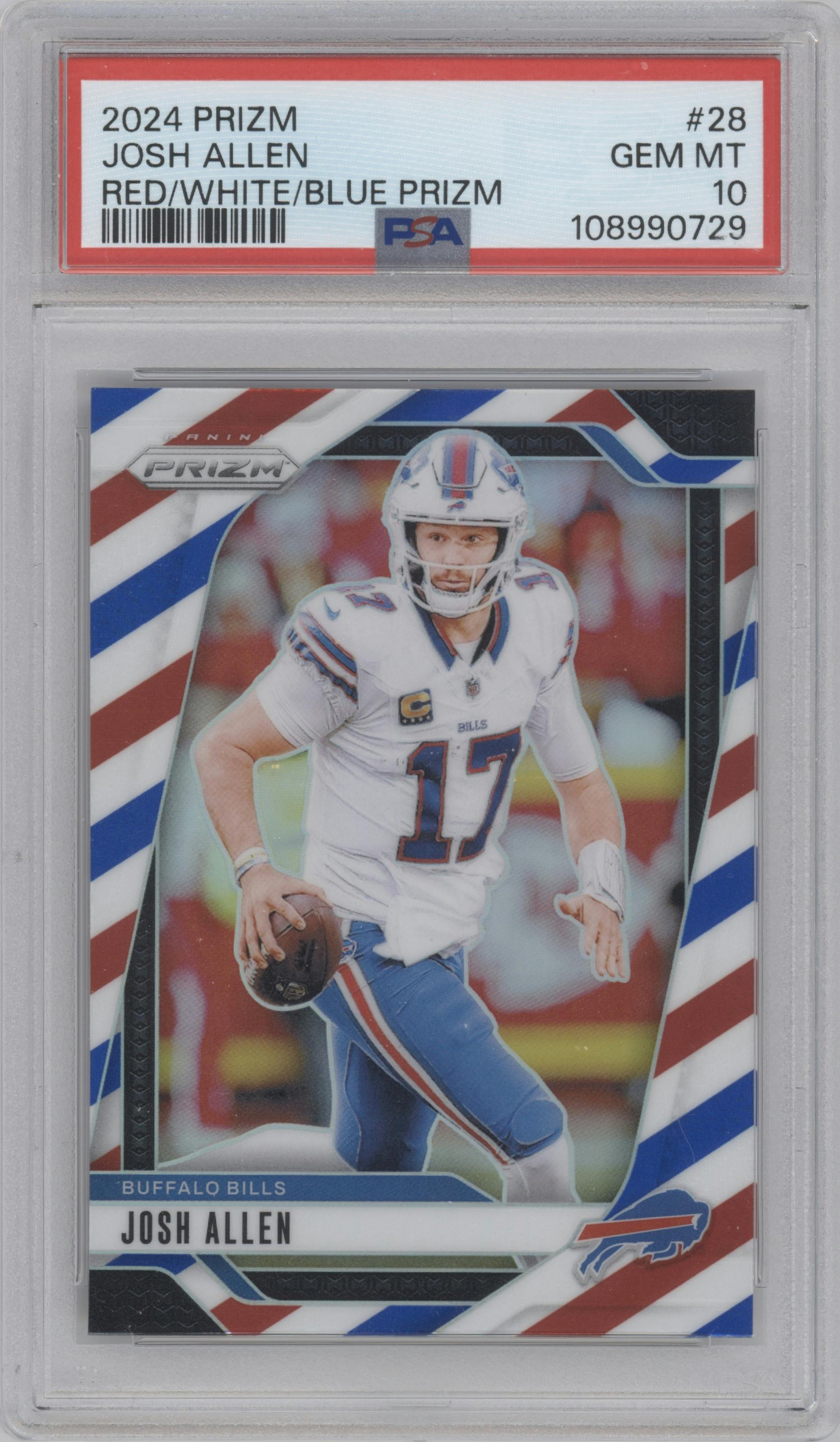 Josh Allen from the 2024 Panini Prizm set featuring a Red White Blue Prizm parallel graded by PSA and given an overall grade of 10.