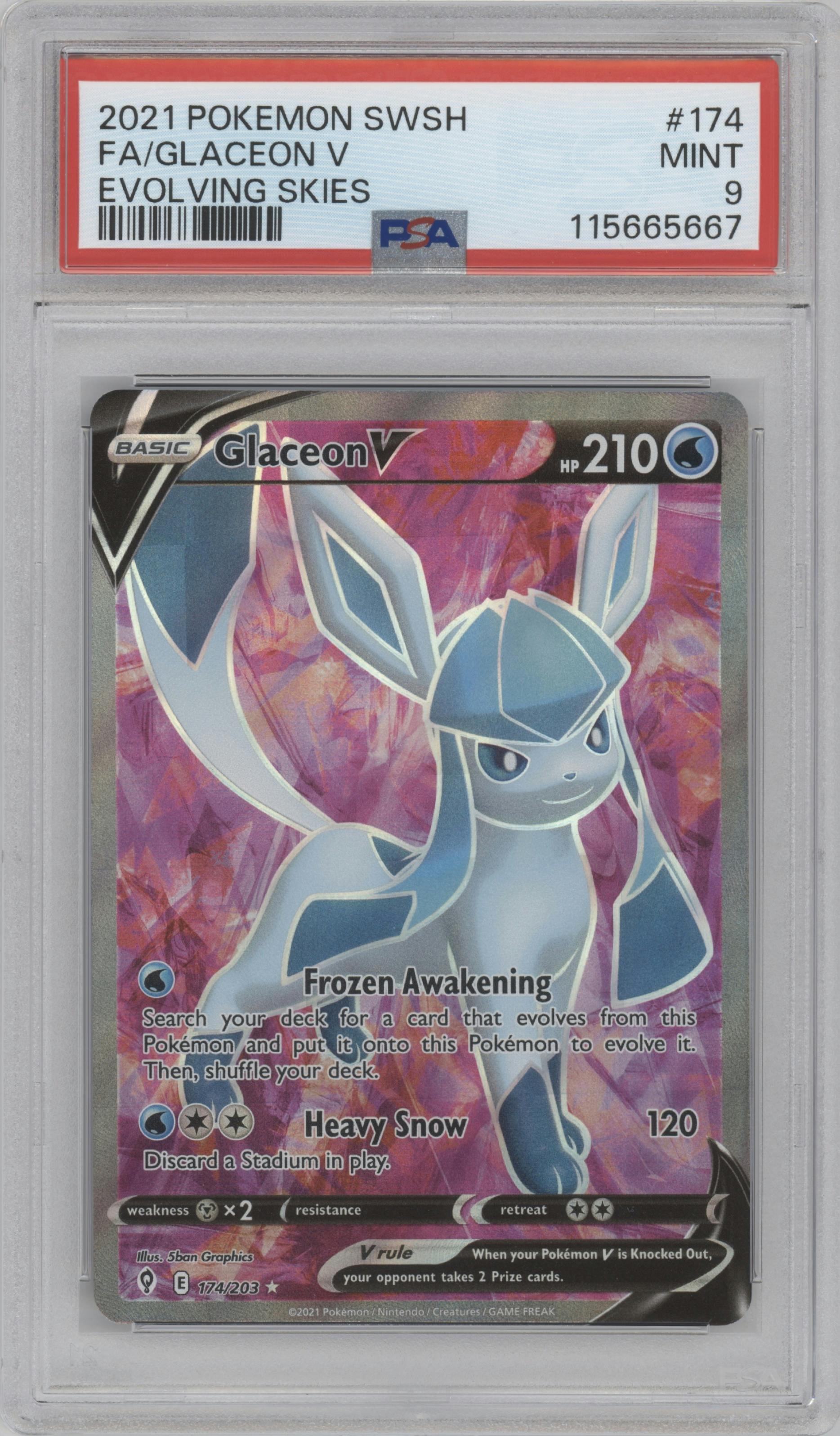 Glaceon V from the 2021 Pokemon SWSH set graded by PSA and given an overall grade of 9.