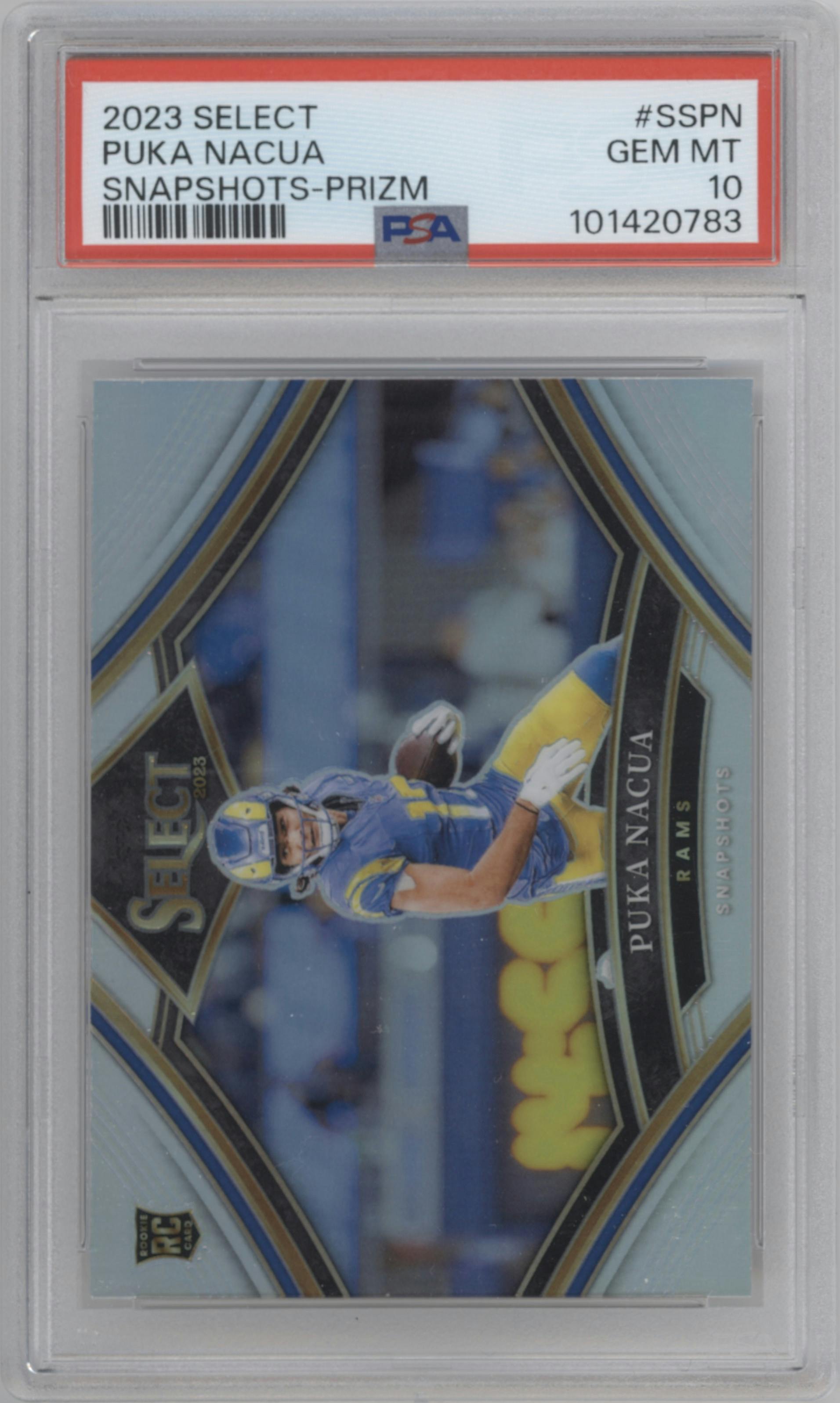 Puka Nacua from the 2023 Panini Select set featuring a Prizm parallel graded by PSA and given an overall grade of 10.