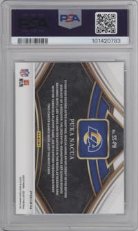 Puka Nacua from the 2023 Panini Select set featuring a Prizm parallel graded by PSA and given an overall grade of 10.