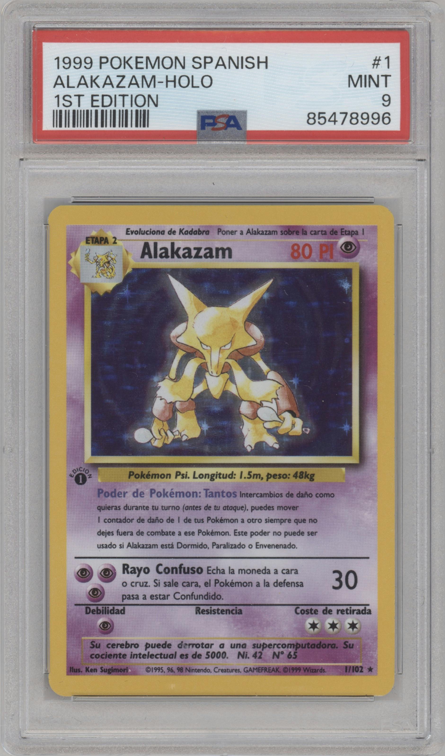 Alakazam from the 1999 Pokemon Spanish set graded by PSA and given an overall grade of 9.