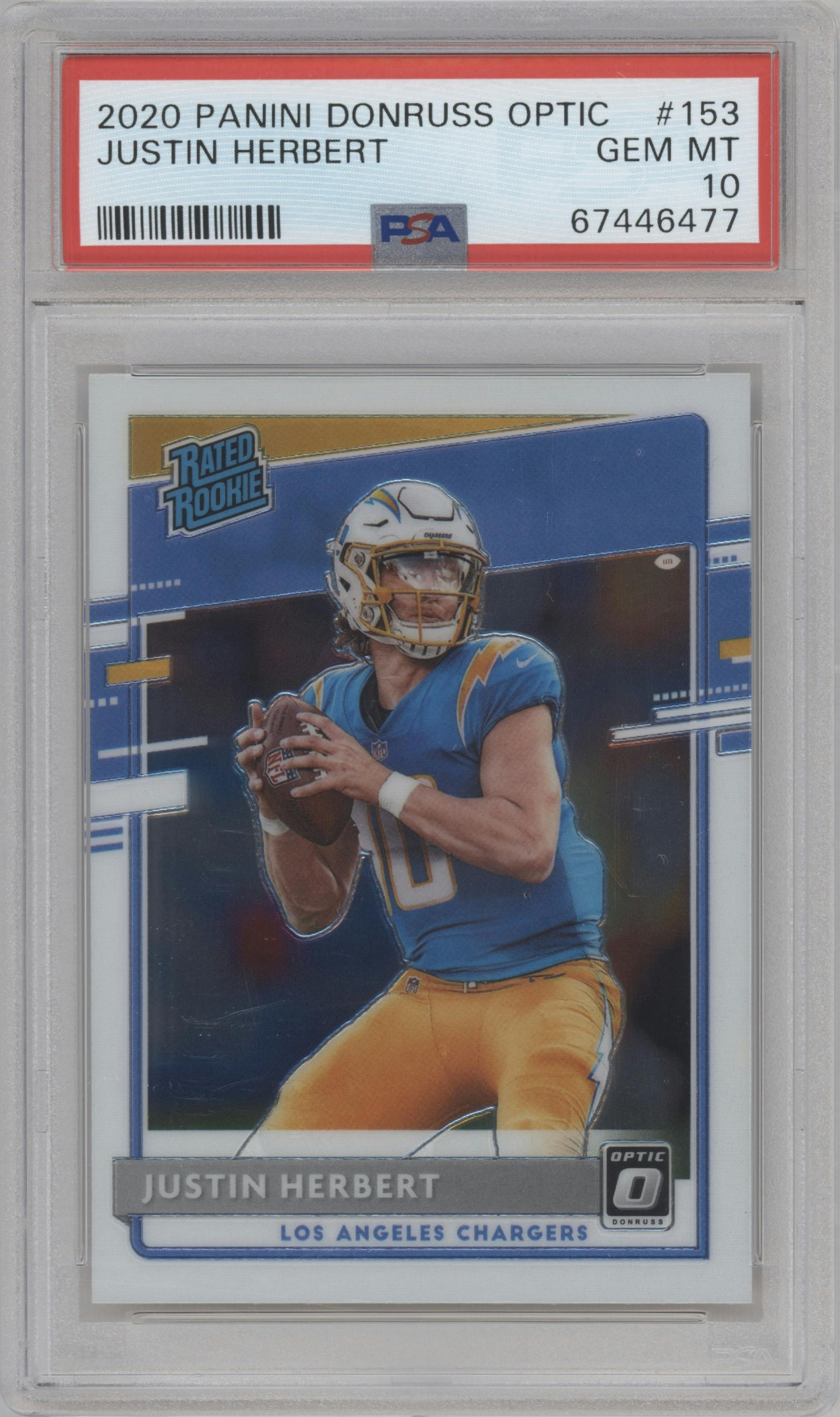 Justin Herbert from the 2020 Panini Donruss Optic set graded by PSA and given an overall grade of 10.