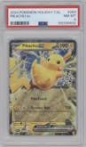 Pikachu ex from the 2023 Pokemon SV set featuring a 2024 Holiday Calendar parallel graded by PSA and given an overall grade of 8.