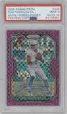 Tua Tagovailoa from the 2020 Panini Prizm set featuring a Purple Power Prizm parallel graded by PSA and given an overall grade of 9.