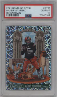 Baker Mayfield from the 2021 Panini Donruss Optic set graded by PSA and given an overall grade of 10.