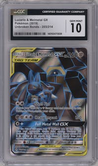 Lucario & Melmetal GX from the 2019 Pokemon S&M  set graded by CSG and given an overall grade of 10.