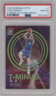 Luka Doncic from the 2022-23 Panini Donruss Optic  set featuring a Lime Green parallel graded by PSA and given an overall grade of 10.