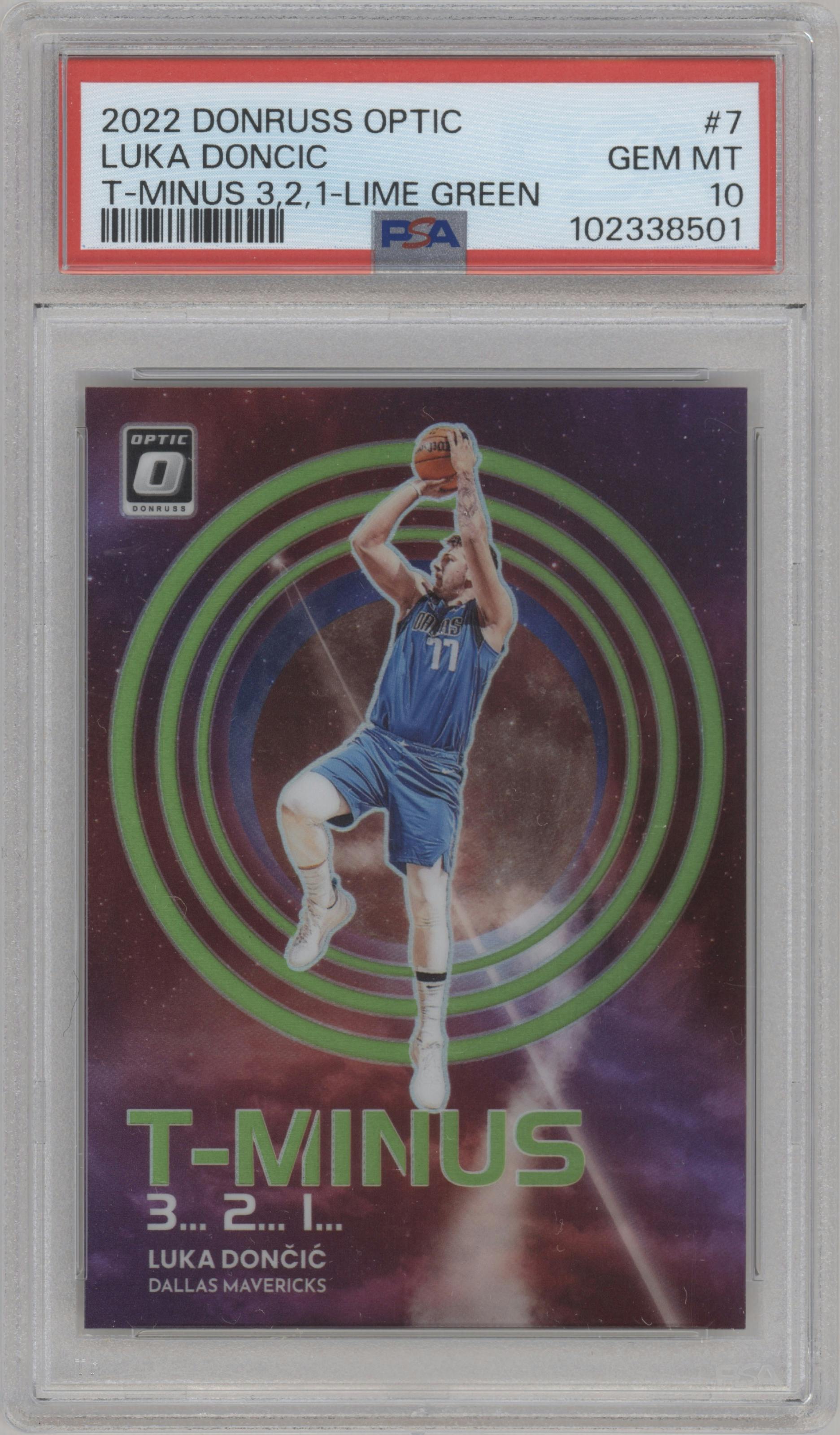 Luka Doncic from the 2022-23 Panini Donruss Optic  set featuring a Lime Green parallel graded by PSA and given an overall grade of 10.