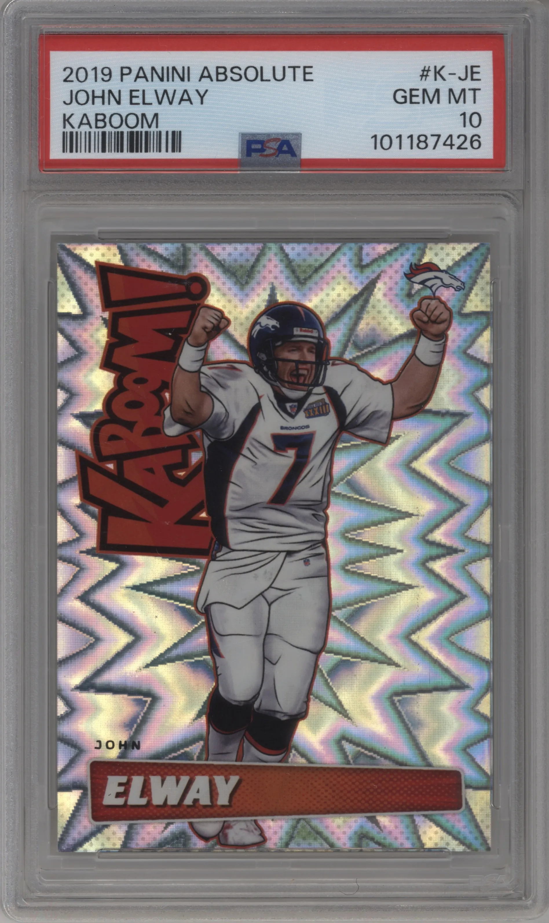 John Elway from the 2019 Panini Absolute set graded by PSA and given an overall grade of 10.