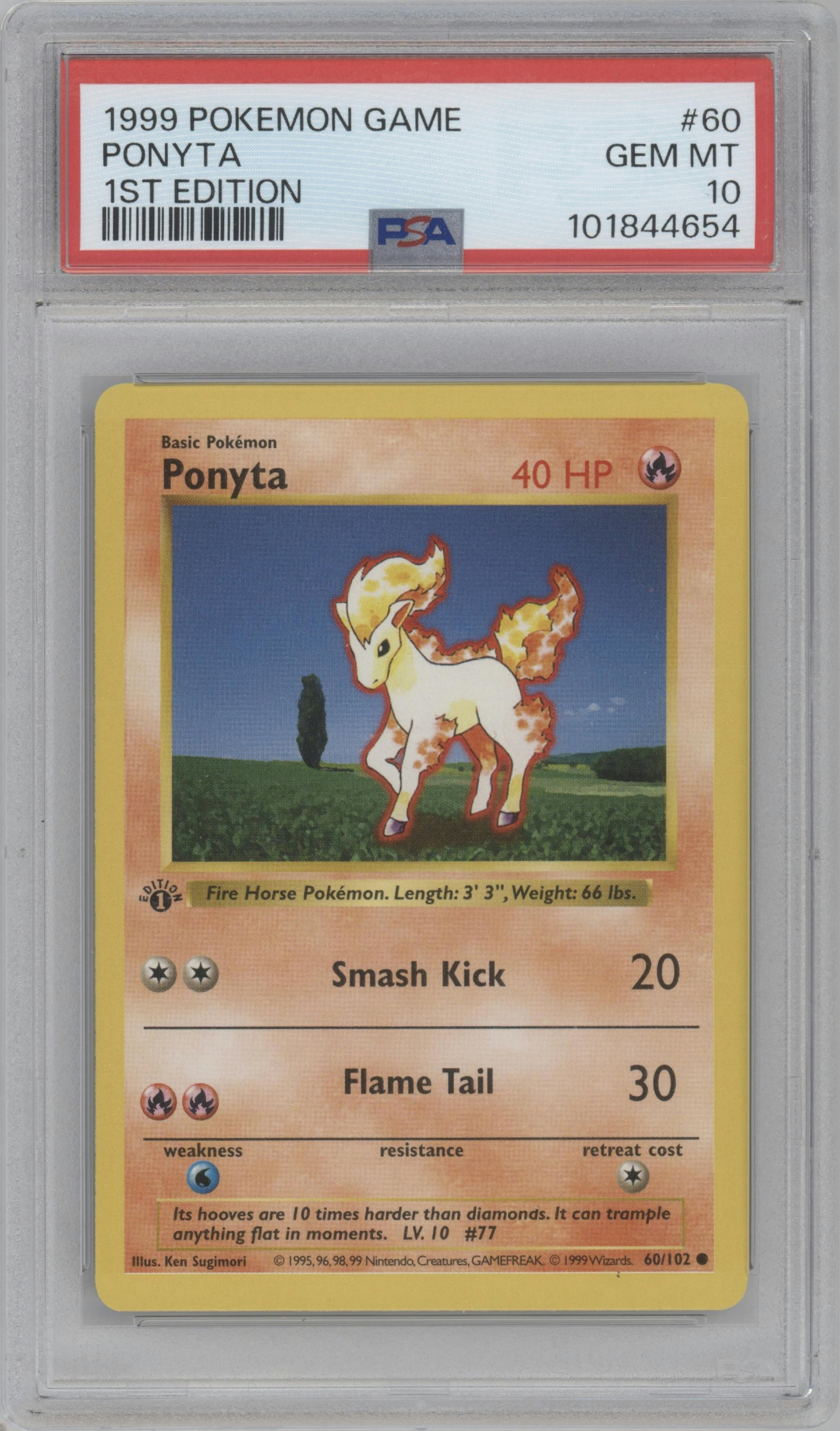 Ponyta from the 1999 Pokemon set graded by PSA and given an overall grade of 10.