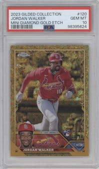 Jordan Walker from the 2023 Topps Gilded Collection set featuring a Mini-Diamond Gold Etch parallel graded by PSA and given an overall grade of 10.