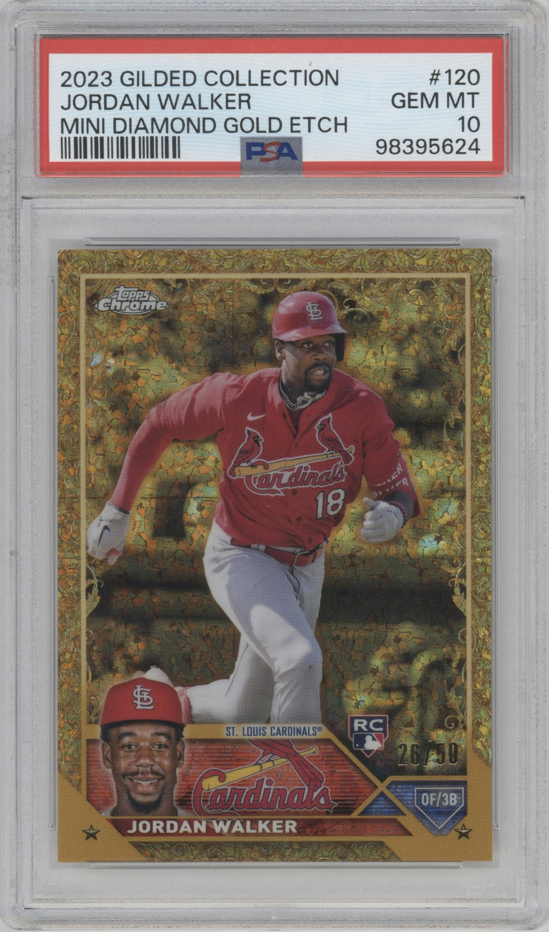 Jordan Walker from the 2023 Topps Gilded Collection set featuring a Mini-Diamond Gold Etch parallel graded by PSA and given an overall grade of 10.