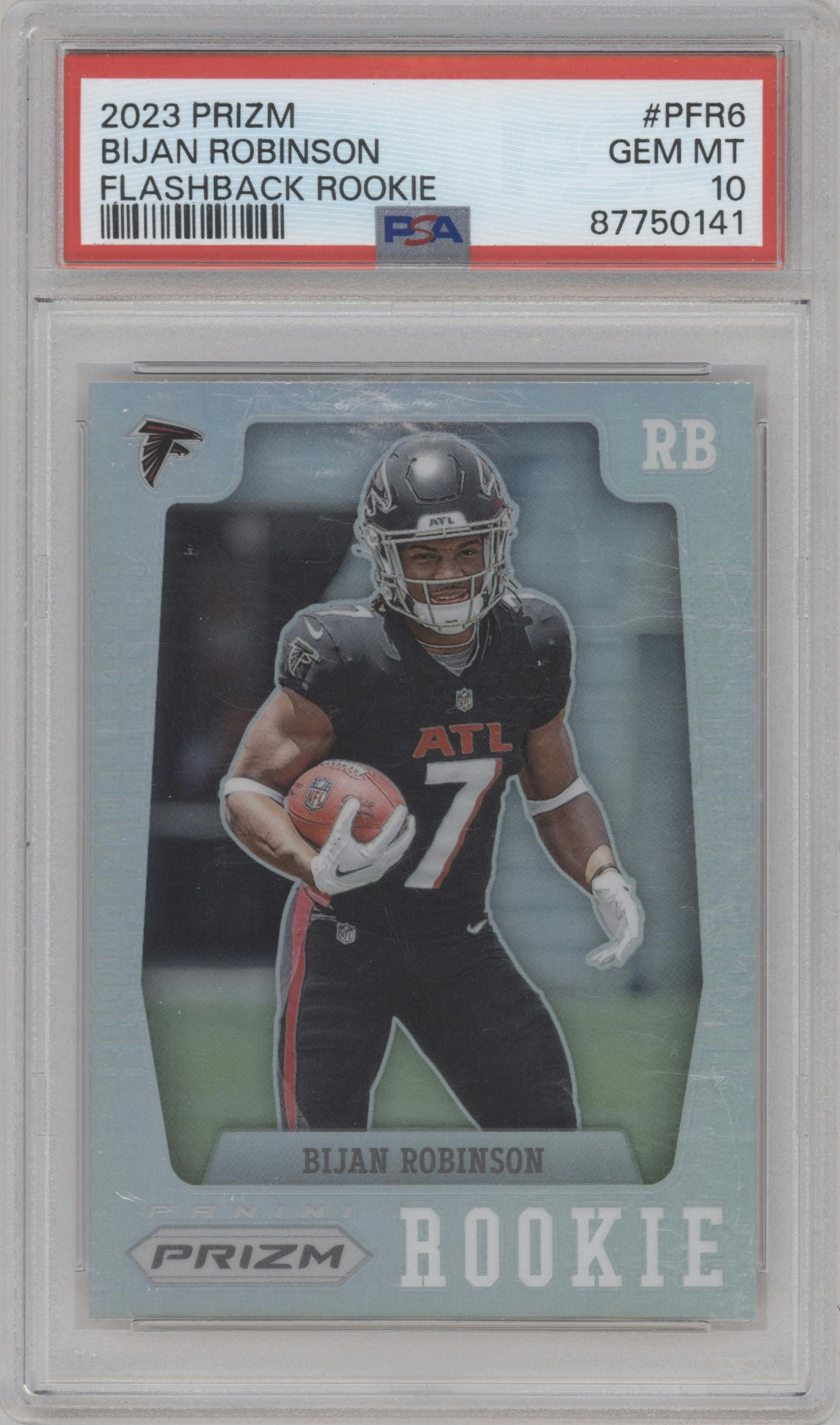 Bijan Robinson from the 2023 Panini Prizm set graded by PSA and given an overall grade of 10.