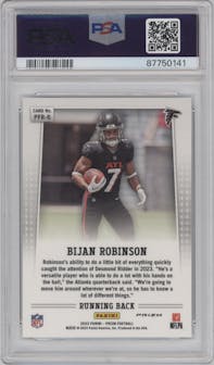 Bijan Robinson from the 2023 Panini Prizm set graded by PSA and given an overall grade of 10.