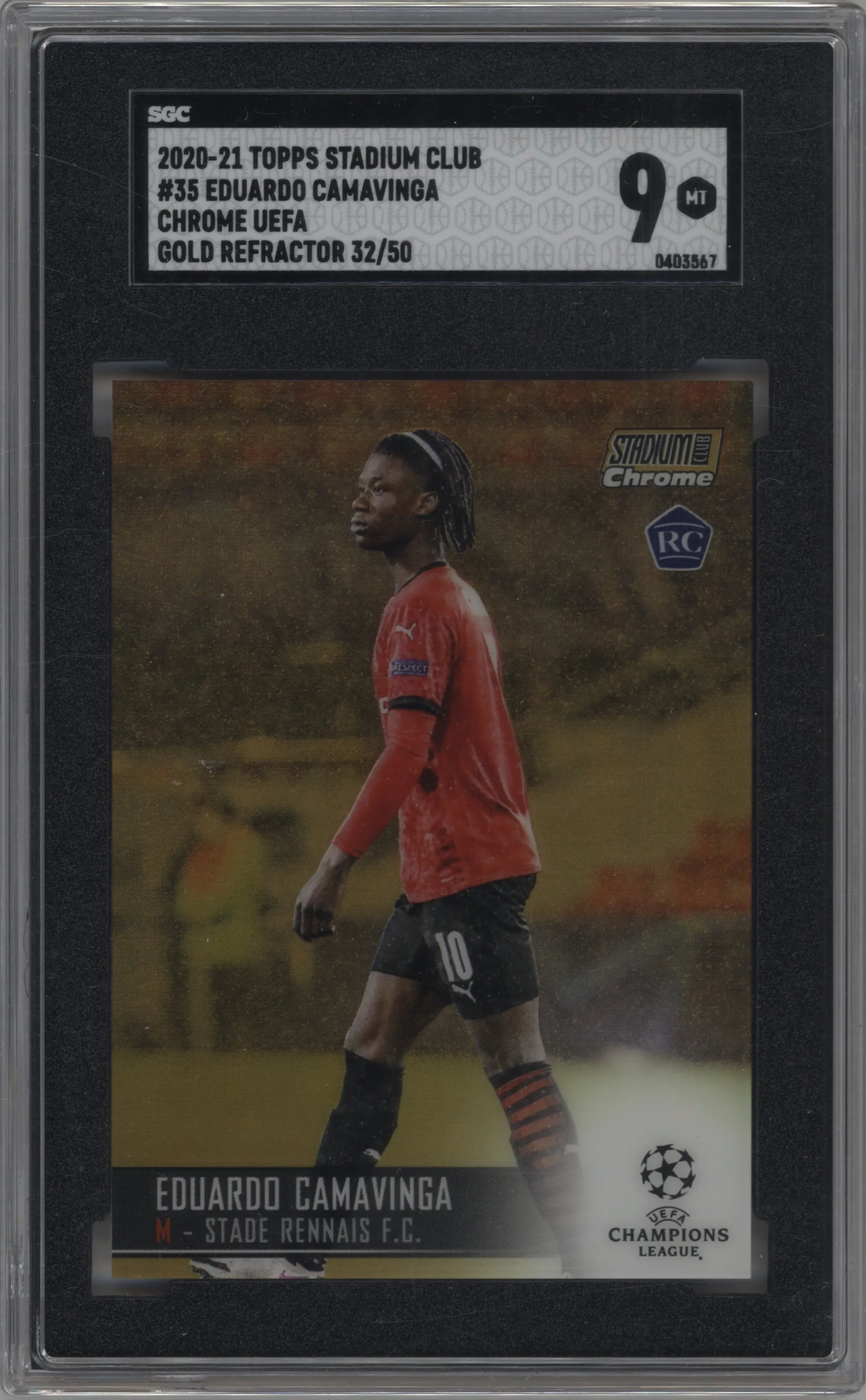 2020 Topps Stadium Club Chrome UEFA CL Eduardo Camavinga Gold Refractor SGC 9