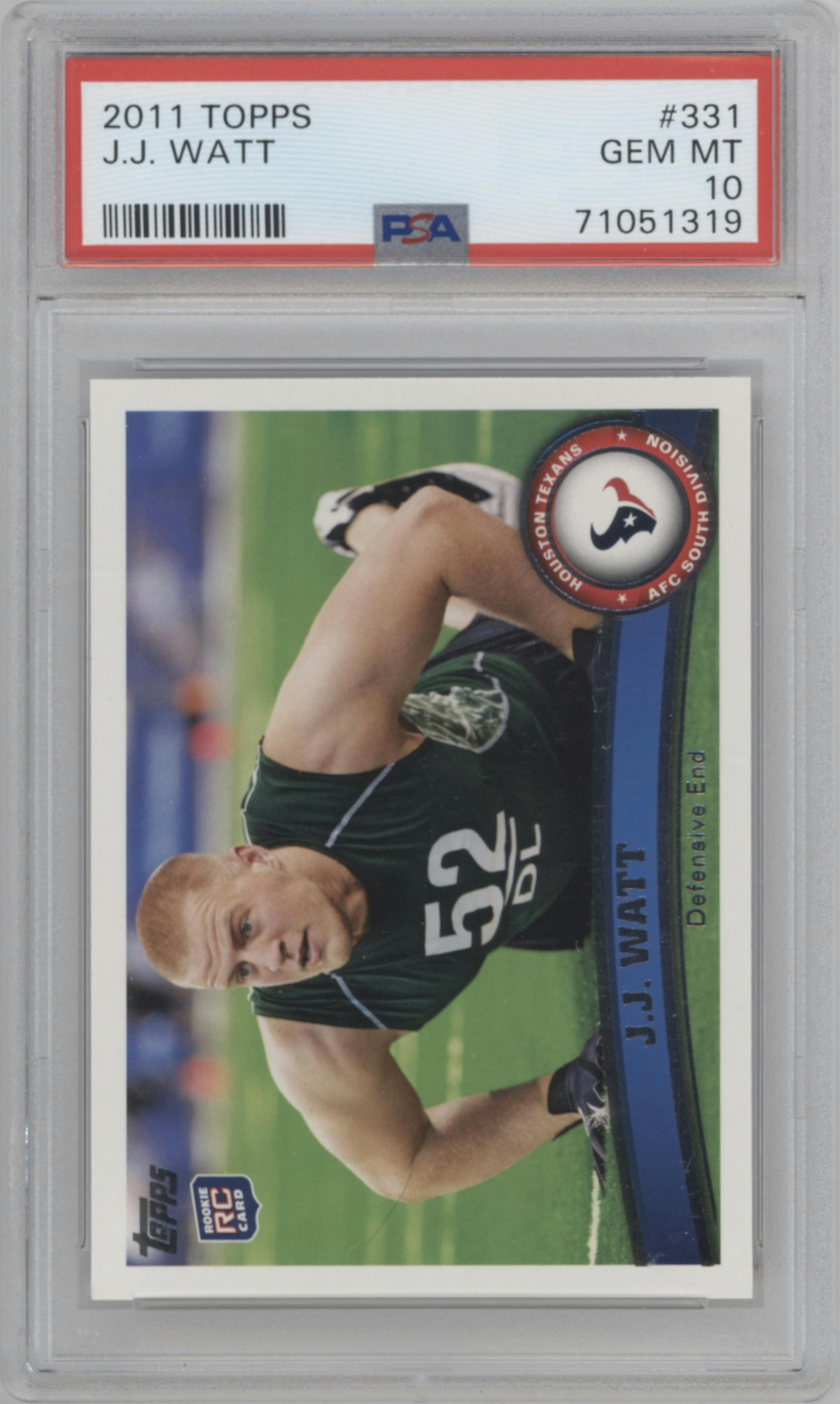 J.J. Watt from the 2011 Topps set graded by PSA and given an overall grade of 10.