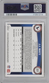 J.J. Watt from the 2011 Topps set graded by PSA and given an overall grade of 10.