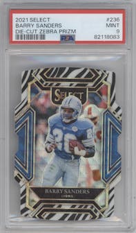 Barry Sanders from the 2021 Panini Select set featuring a Die-Cut Zebra parallel graded by PSA and given an overall grade of 9.