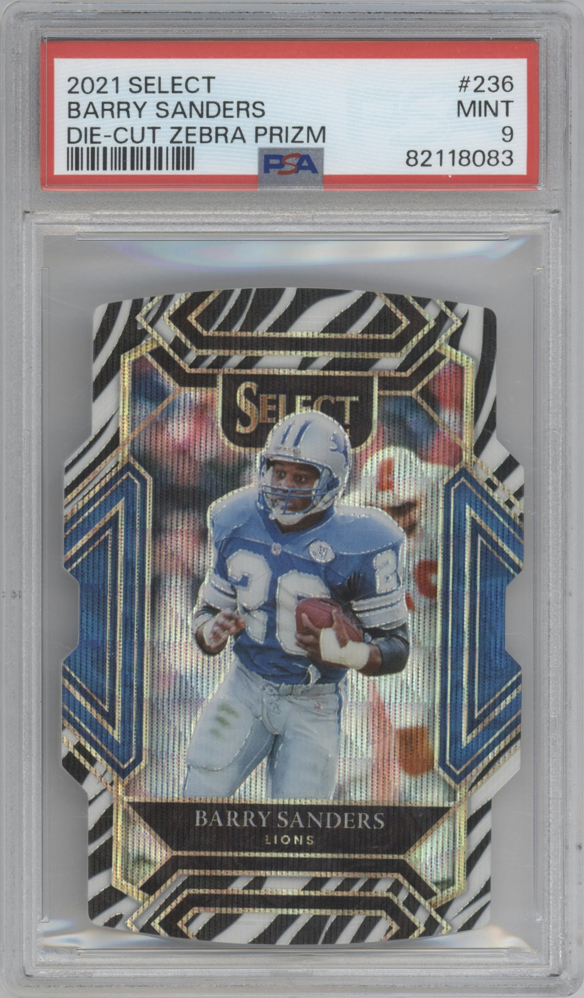 Barry Sanders from the 2021 Panini Select set featuring a Die-Cut Zebra parallel graded by PSA and given an overall grade of 9.
