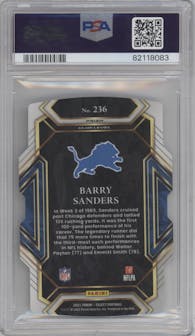 Barry Sanders from the 2021 Panini Select set featuring a Die-Cut Zebra parallel graded by PSA and given an overall grade of 9.