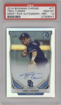 Trea Turner from the 2014 Bowman Draft  set featuring a Refractor parallel graded by PSA and given an overall grade of 10.