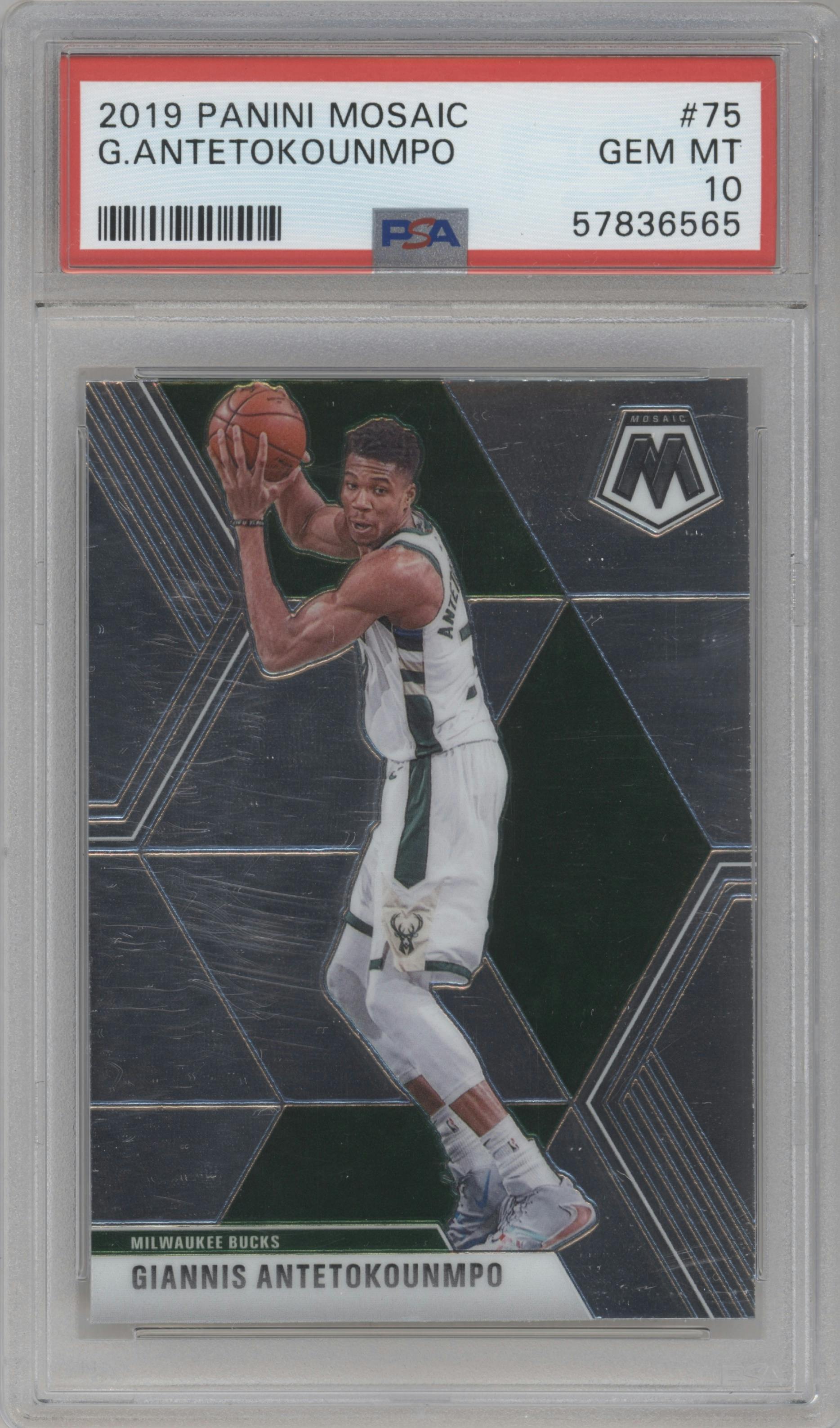 Giannis Antetokounmpo from the 2019-20 Panini Mosaic  set graded by PSA and given an overall grade of 10.