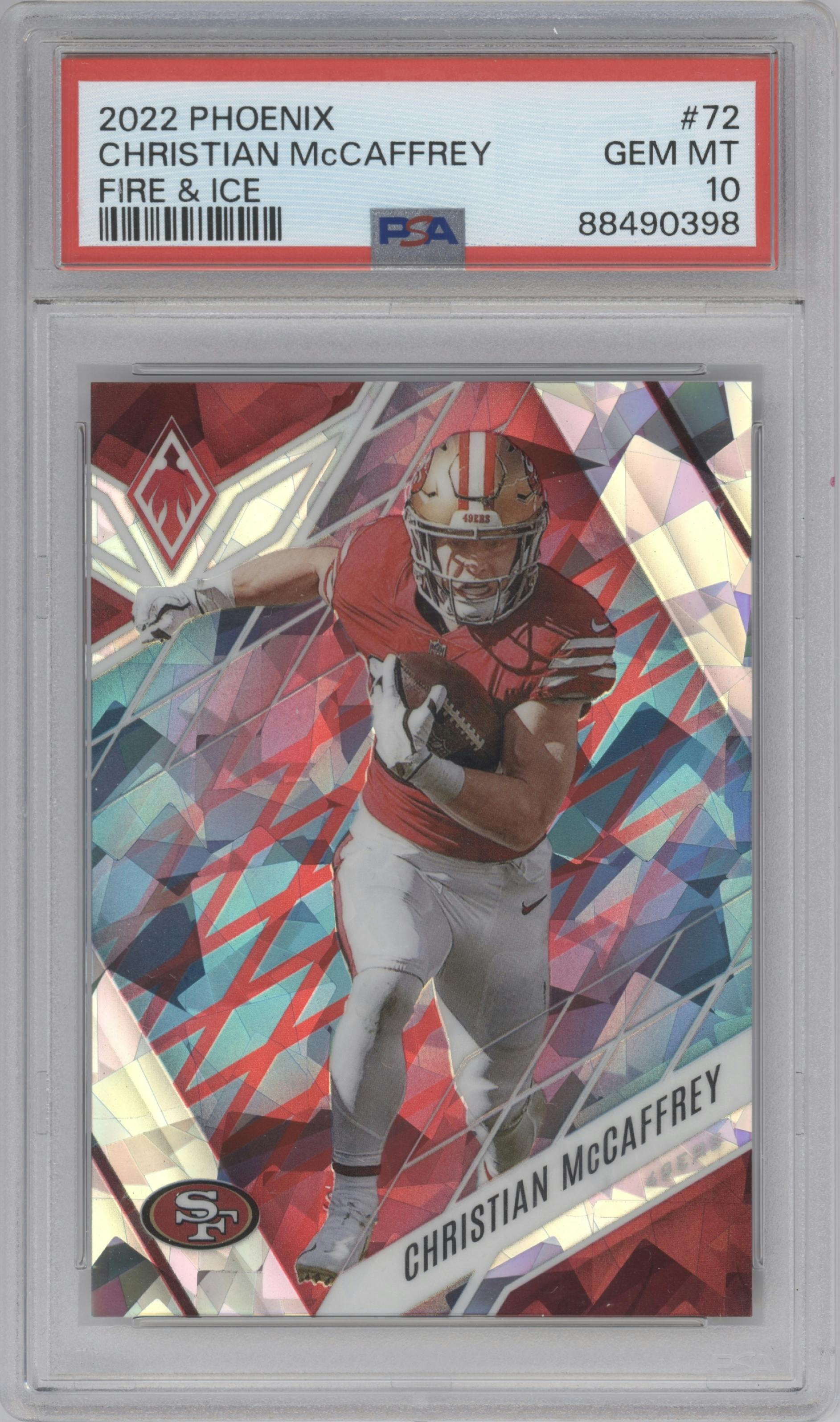 Christian McCaffrey from the 2022 Panini Phoenix set featuring a Fire & Ice parallel graded by PSA and given an overall grade of 10.