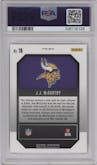 J.J. McCarthy from the 2024 Panini Prizm set featuring a No Huddle parallel graded by PSA and given an overall grade of 10.