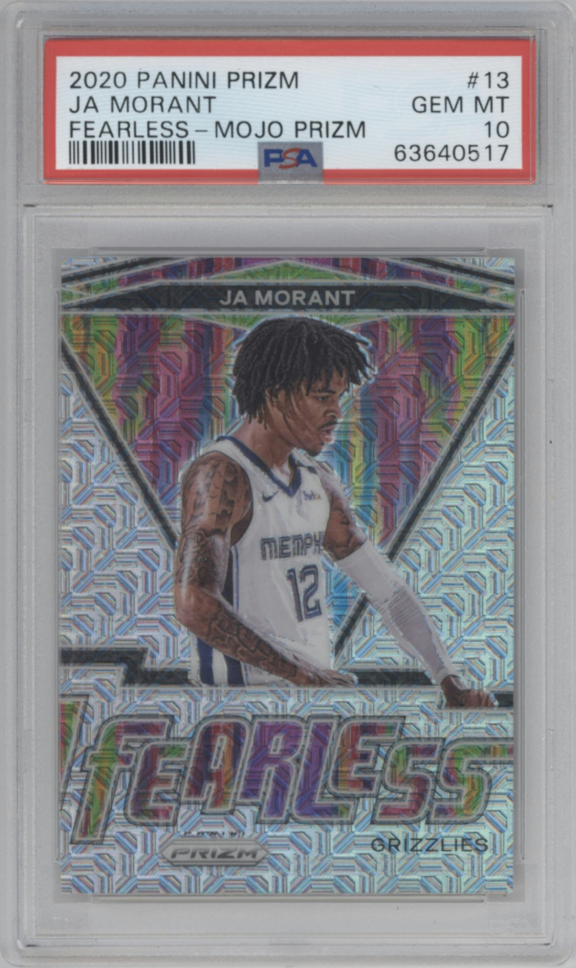 Ja Morant from the 2020-21 Panini Prizm set featuring a Mojo parallel graded by PSA and given an overall grade of 10.