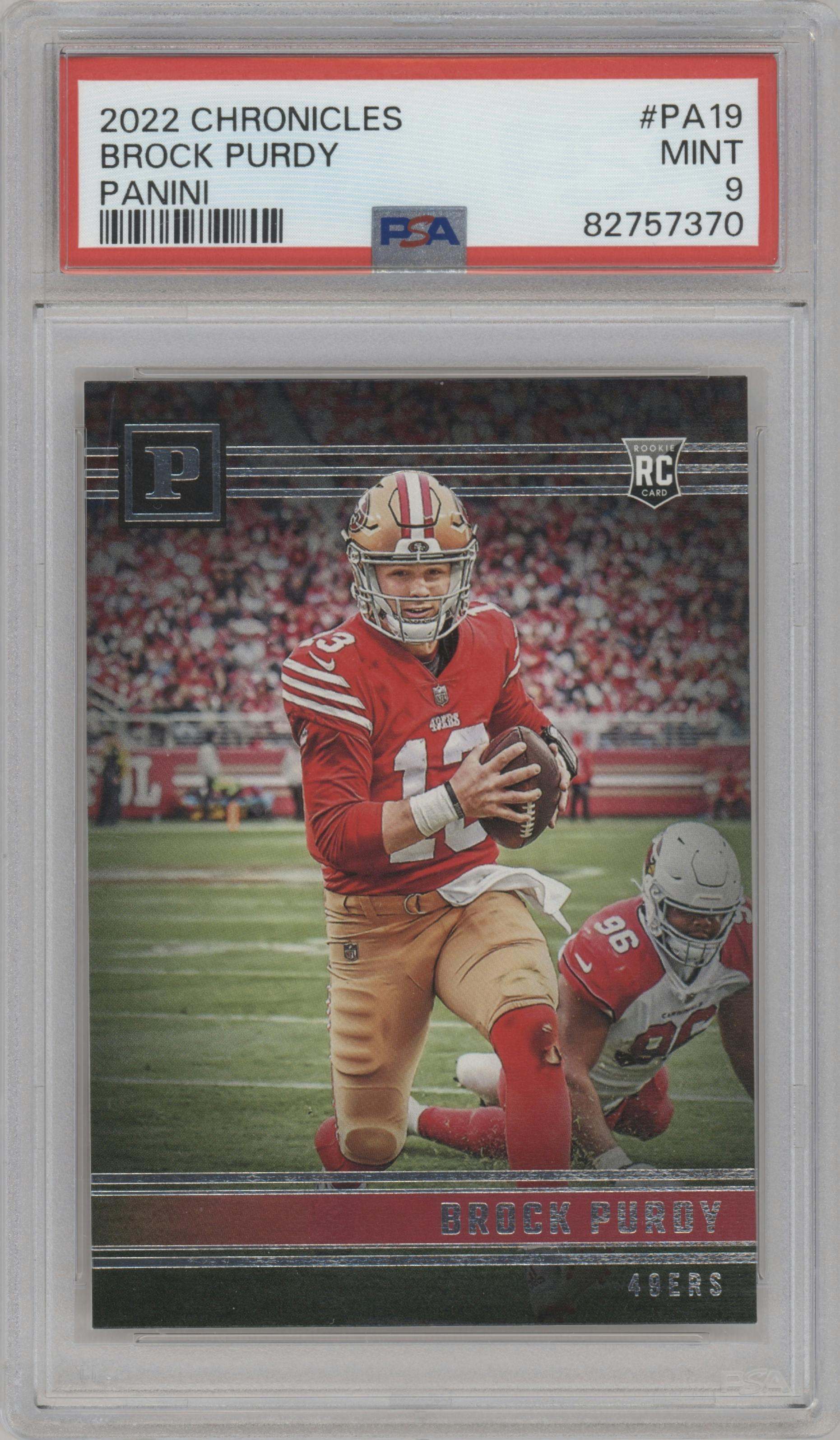 Brock Purdy from the 2022 Panini Chronicles set graded by PSA and given an overall grade of 9.