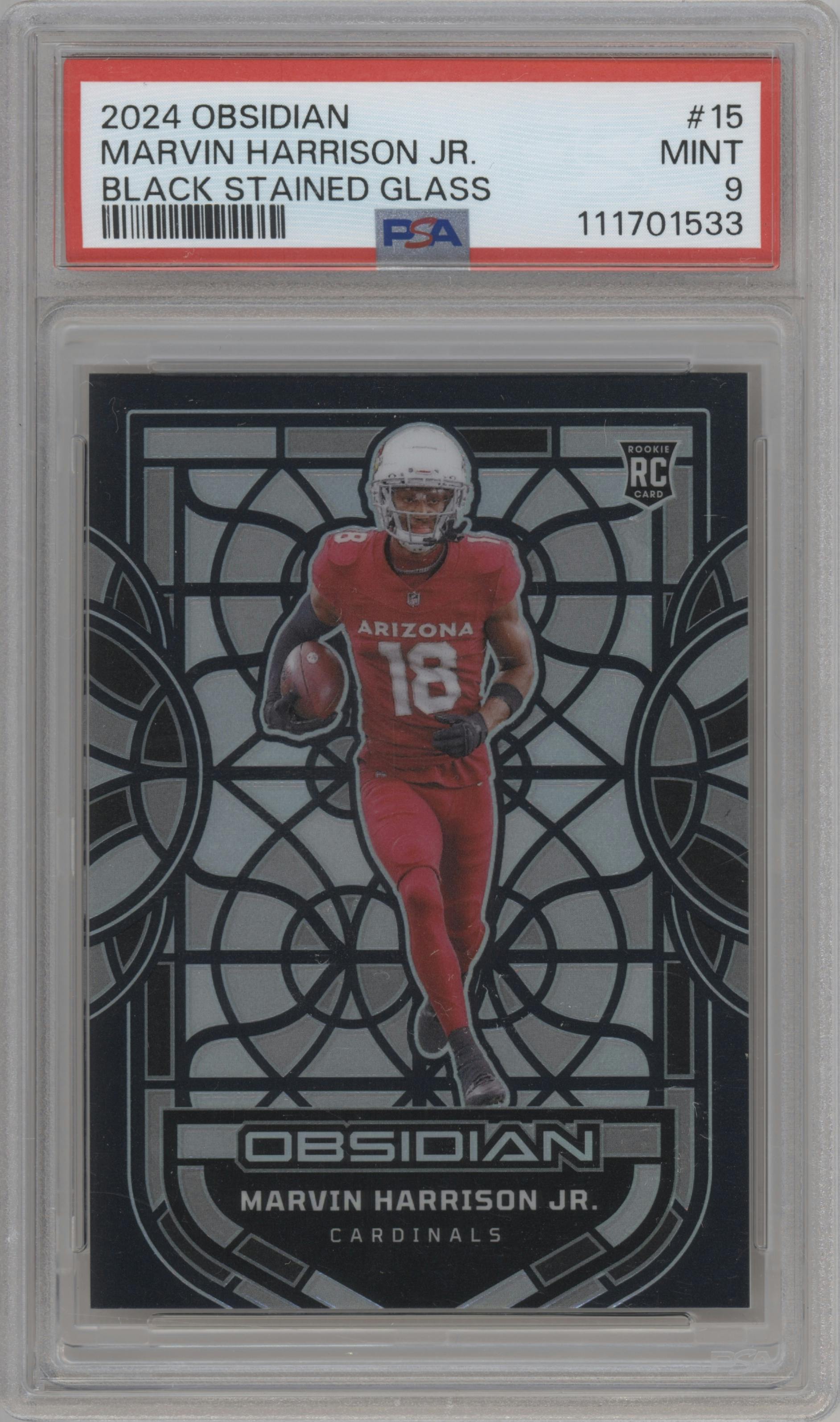 Marvin Harrison Jr. from the 2024 Panini Obsidian set graded by PSA and given an overall grade of 9.