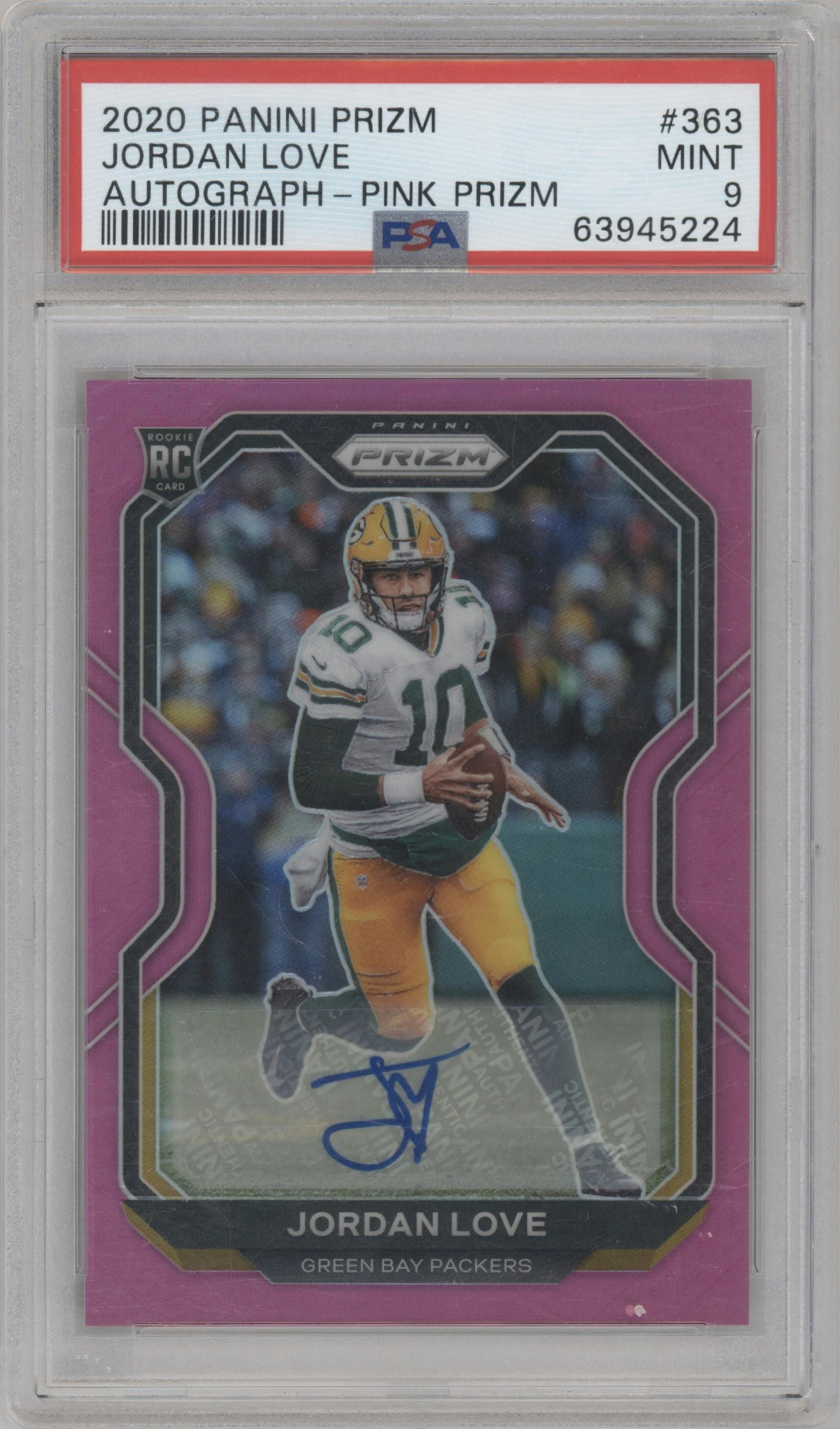 Jordan Love from the 2020 Panini Prizm set featuring a Pink Prizm parallel graded by PSA and given an overall grade of 9.