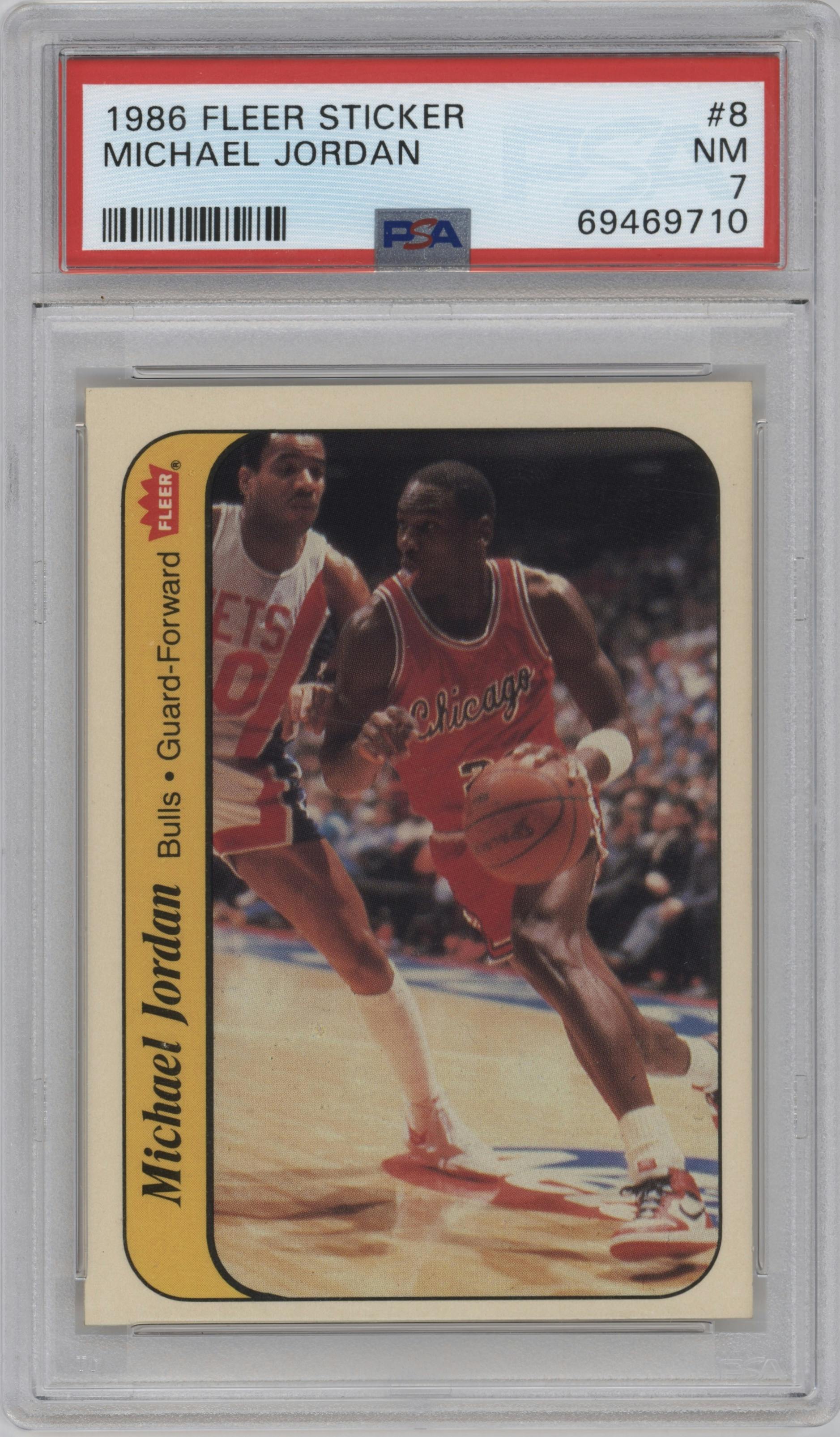 Michael Jordan from the 1986-87 Fleer set graded by PSA and given an overall grade of 7.