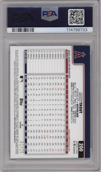 Mike Trout from the 2025 Topps set featuring a Orange Diamante parallel graded by PSA and given an overall grade of 9.