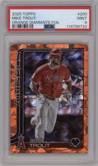 Mike Trout from the 2025 Topps set featuring a Orange Diamante parallel graded by PSA and given an overall grade of 9.