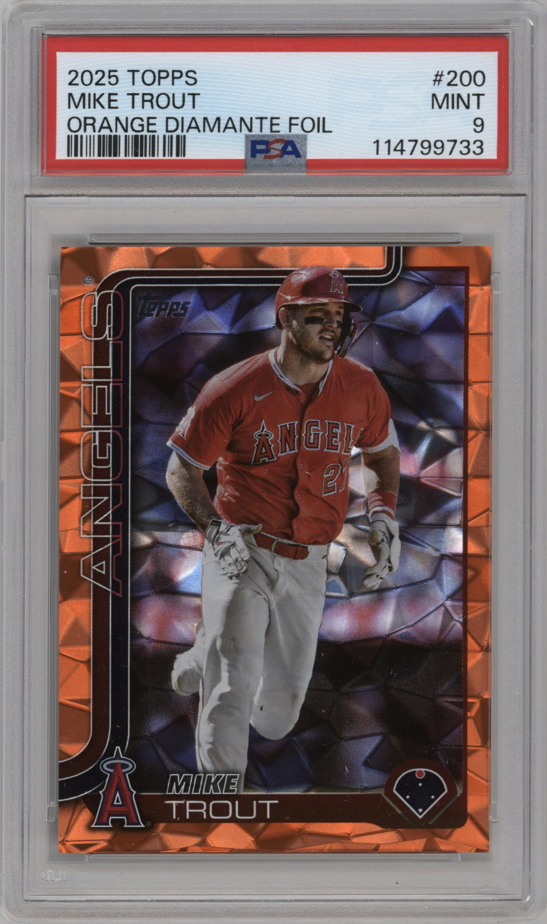 Mike Trout from the 2025 Topps set featuring a Orange Diamante parallel graded by PSA and given an overall grade of 9.