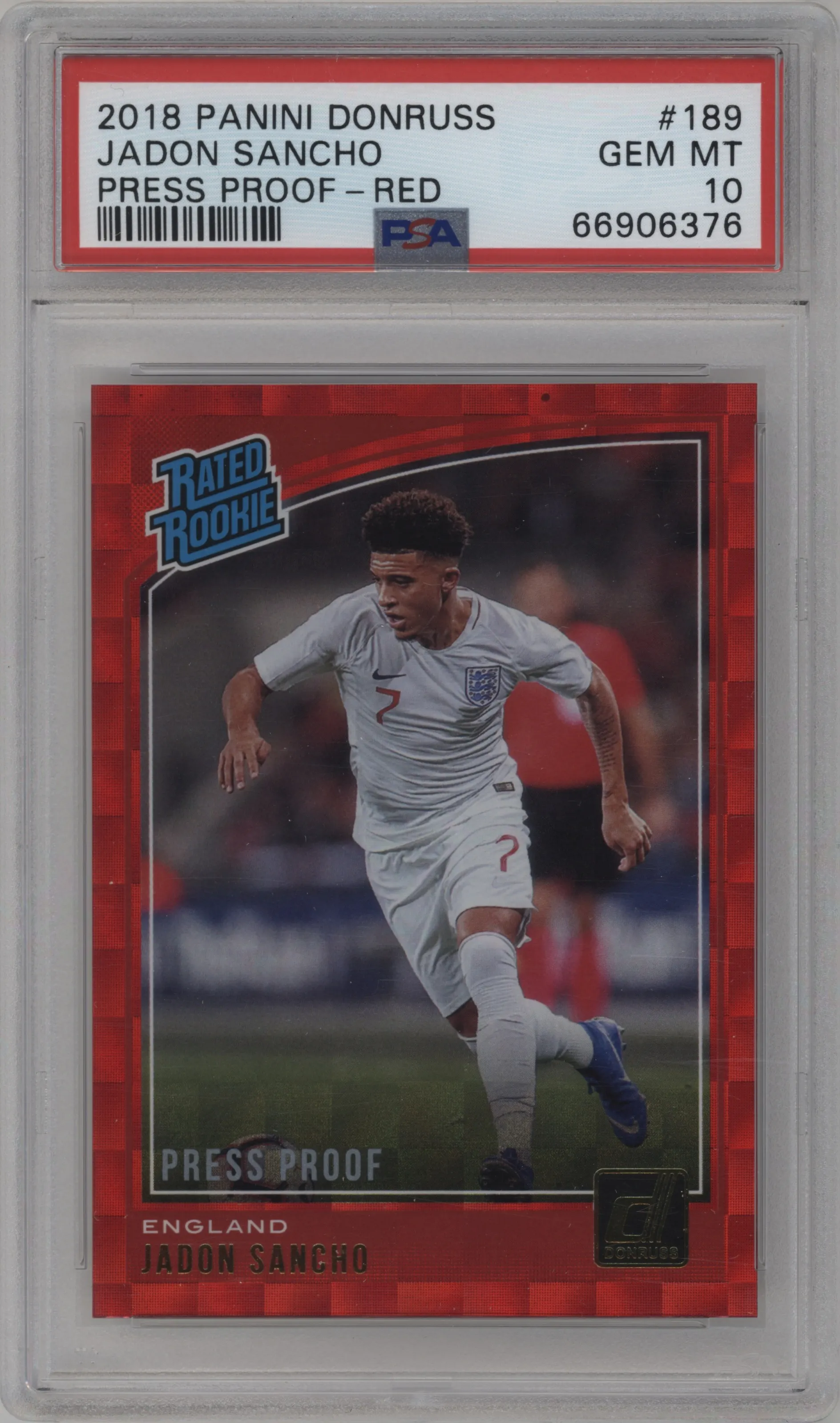 2018 Panini Donruss Rated Rookie Jadon Sancho Press Proof Red PSA 10