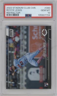 Royce Lewis from the 2022 Stadium Club Chrome set featuring a Refractor parallel graded by PSA and given an overall grade of 10.