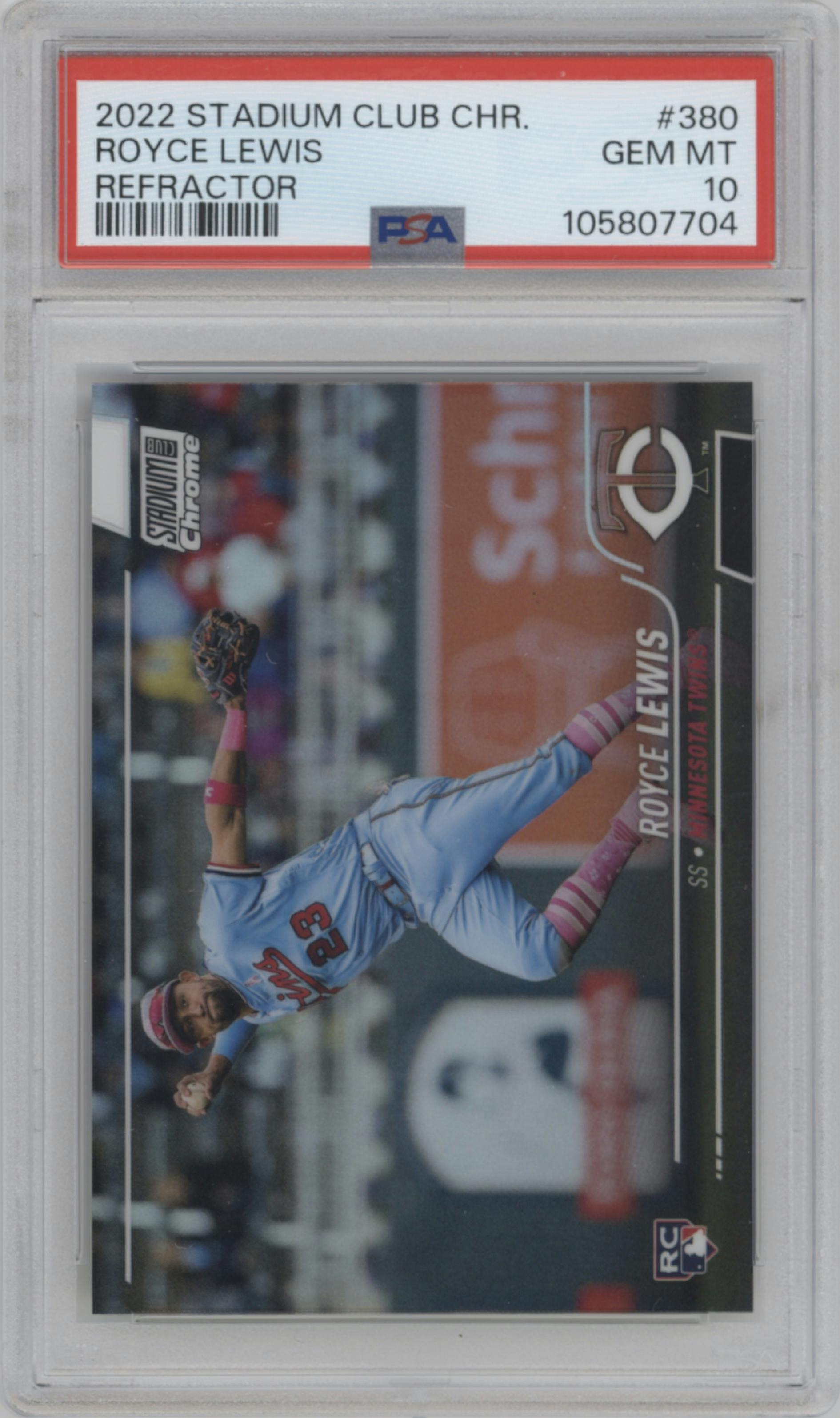 Royce Lewis from the 2022 Stadium Club Chrome set featuring a Refractor parallel graded by PSA and given an overall grade of 10.
