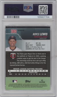 Royce Lewis from the 2022 Stadium Club Chrome set featuring a Refractor parallel graded by PSA and given an overall grade of 10.