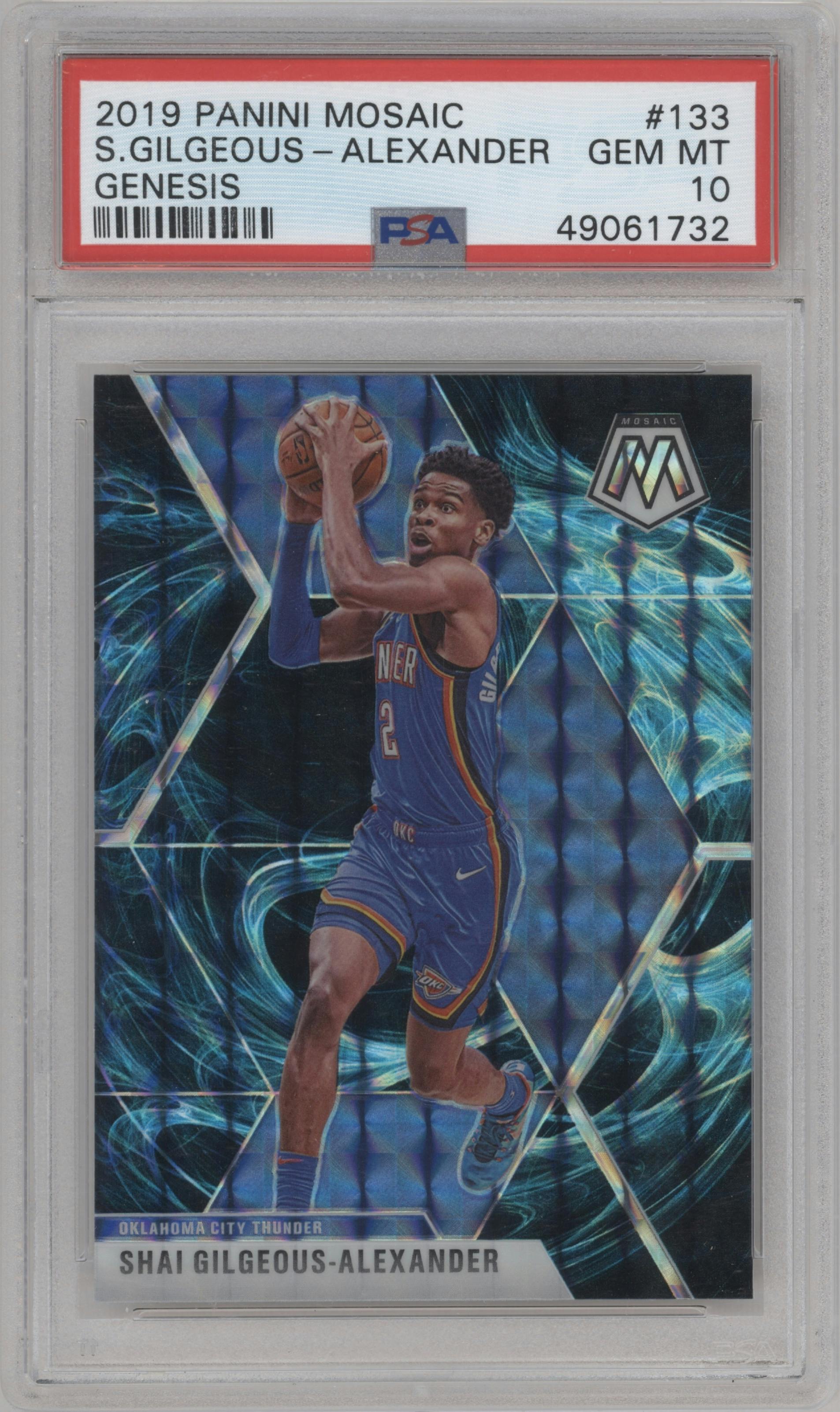 Shai Gilgeous-Alexander from the 2019-20 Panini Mosaic  set featuring a Genesis parallel graded by PSA and given an overall grade of 10.