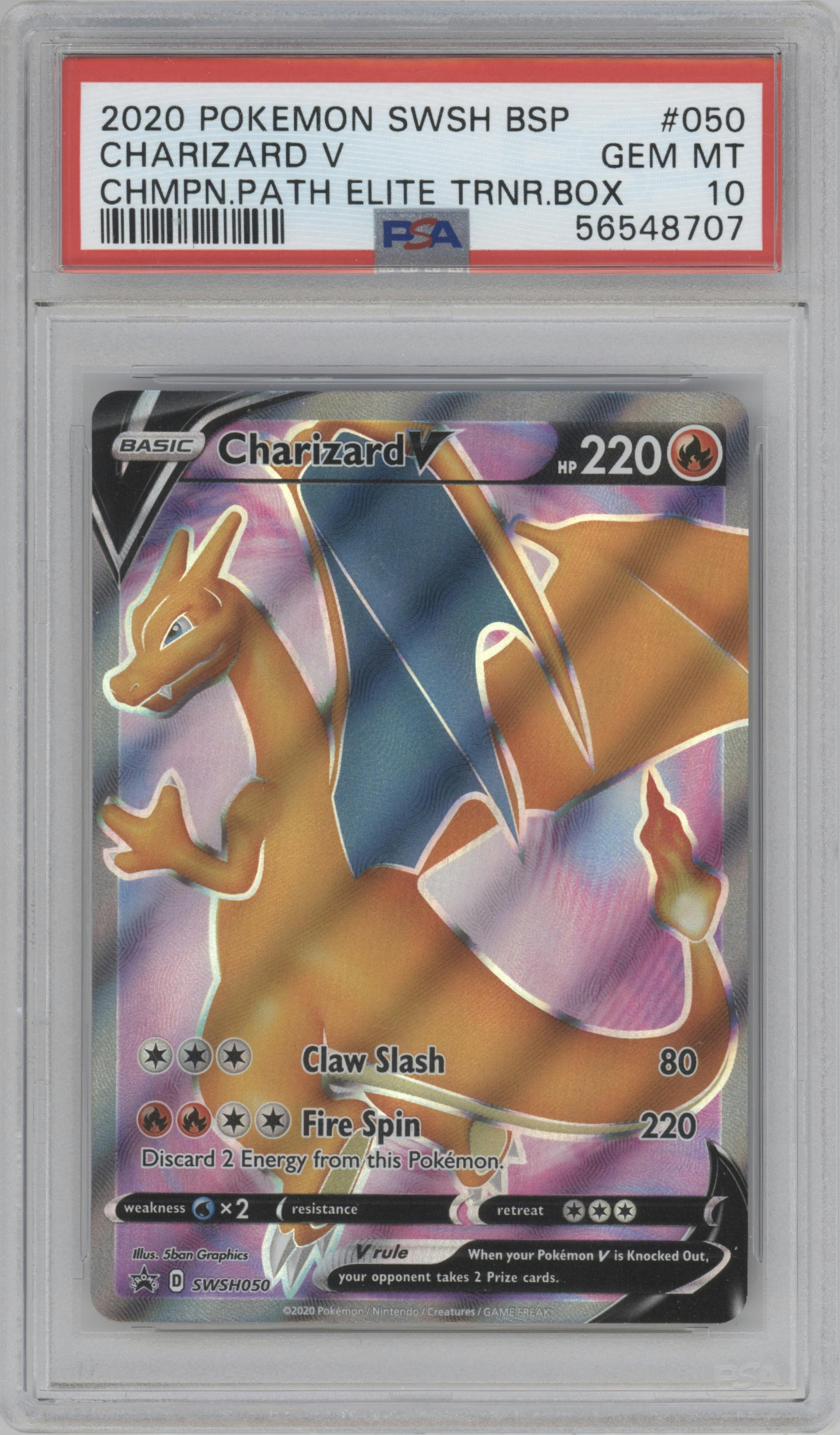 Charizard V from the 2020 Pokemon SWSH set featuring a Champion's Path ETB parallel graded by PSA and given an overall grade of 10.