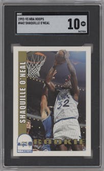 Shaquille O'Neal from the 1992-93 NBA Hoops set graded by SGC and given an overall grade of 10.