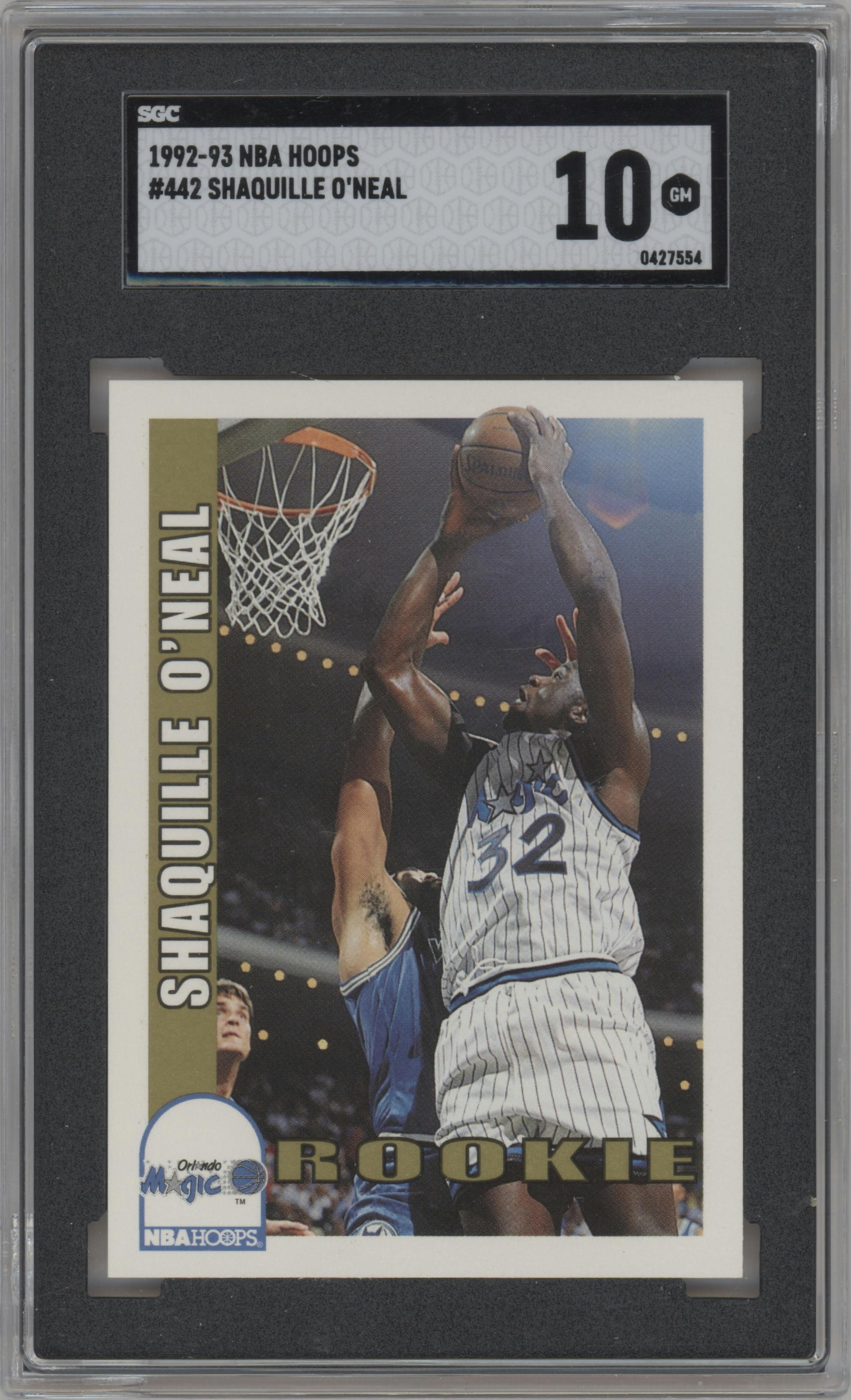 Shaquille O'Neal from the 1992-93 NBA Hoops set graded by SGC and given an overall grade of 10.