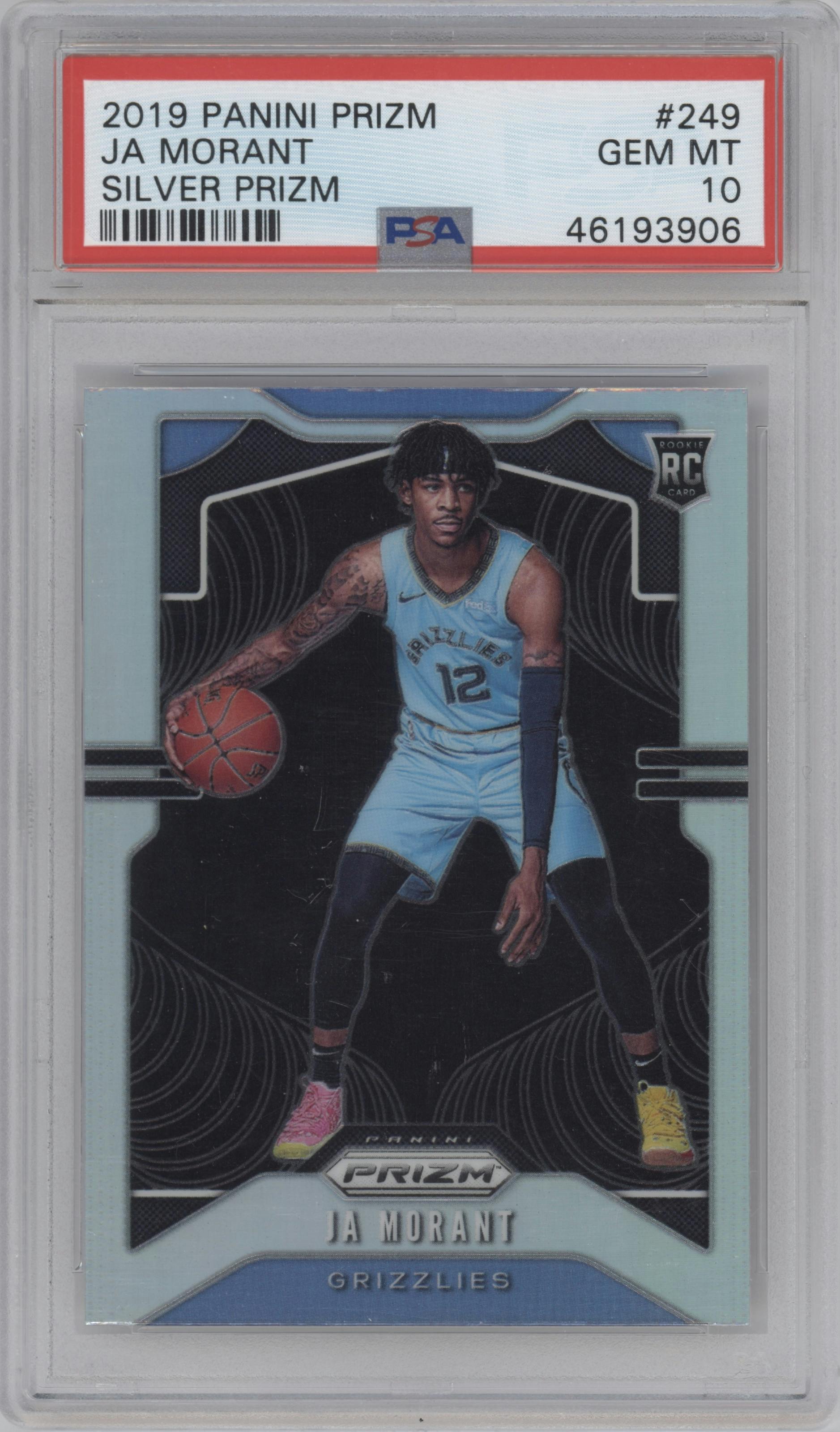 Ja Morant from the 2019-20 Panini Prizm set featuring a Silver Prizm parallel graded by PSA and given an overall grade of 10.