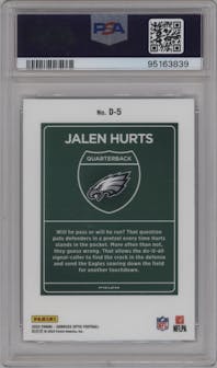 Jalen Hurts from the 2023 Donruss Optic set graded by PSA and given an overall grade of 9.