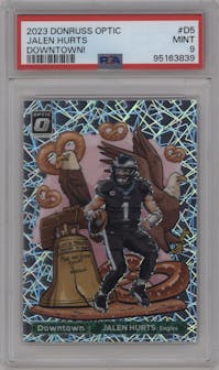 Jalen Hurts from the 2023 Donruss Optic set graded by PSA and given an overall grade of 9.
